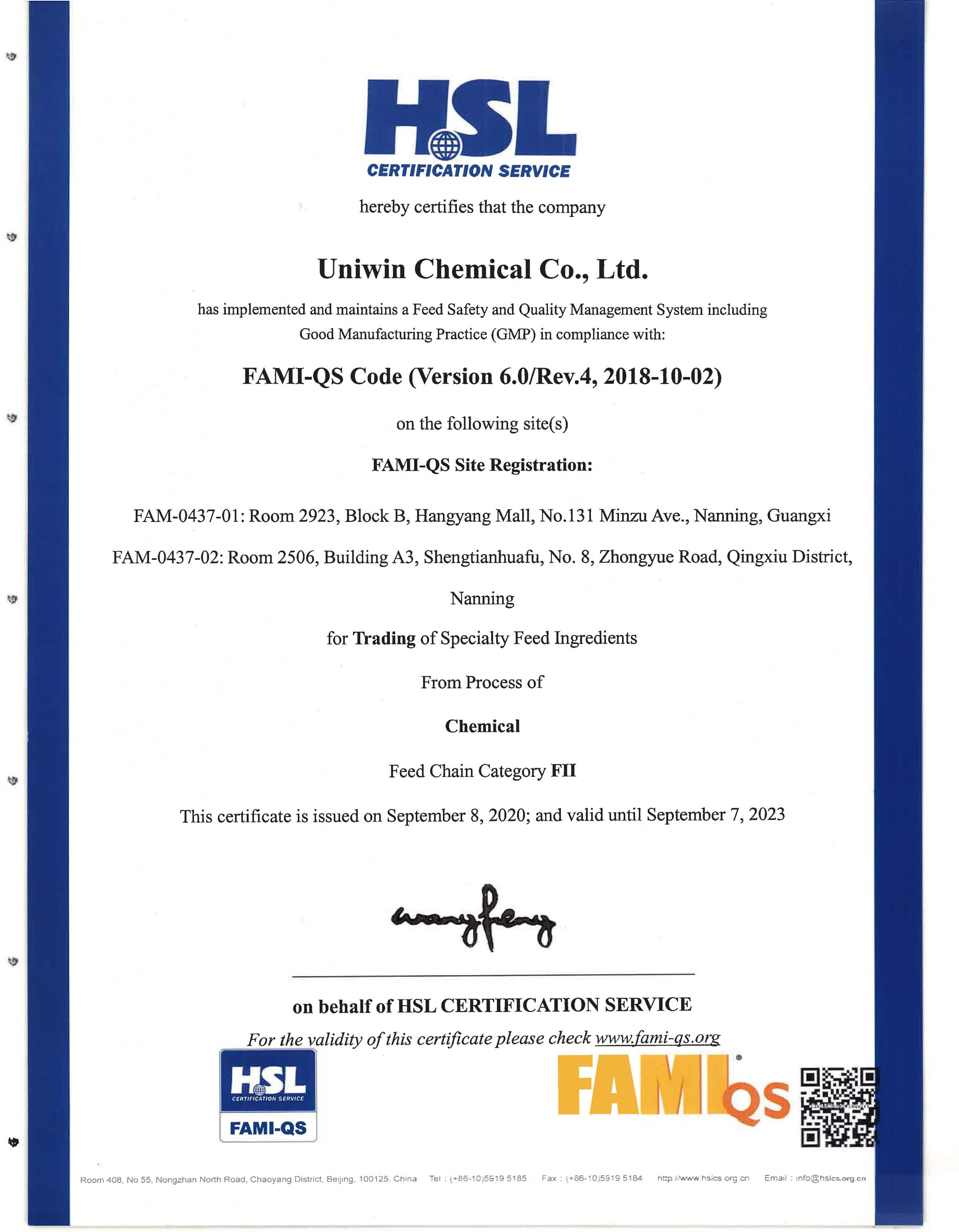 FAMI-QS Ceritificate 6.0 FAM-0437 Uniwin Chemical